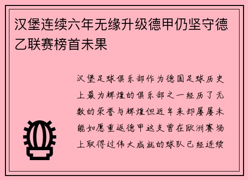 汉堡连续六年无缘升级德甲仍坚守德乙联赛榜首未果
